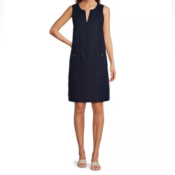 J. McLaughlin Weezie Navy Blue 100% Linen Sleeveless Dress SZ Medium $198 NWT - Picture 1 of 10